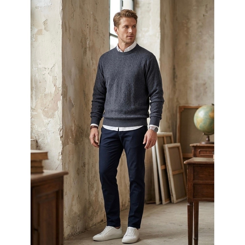 I Levrieri Cashmere Silk Sweater Mens Large Blue Cable Knit Made in Italy 889730